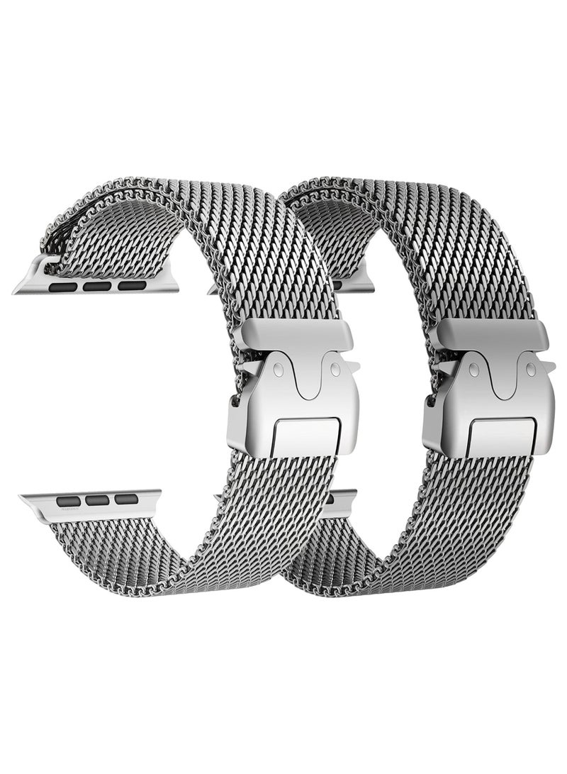 CATANES 2Packs Milanese Loop for Apple Watch Band Ultra 2 Band Ultra 49mm 46mm 45mm 44mm, Parachute-Style Buckle Stainless Steel Mesh Metal Band for iWatch Series 10-1 SE - Silver Natural Titanium - Image 1