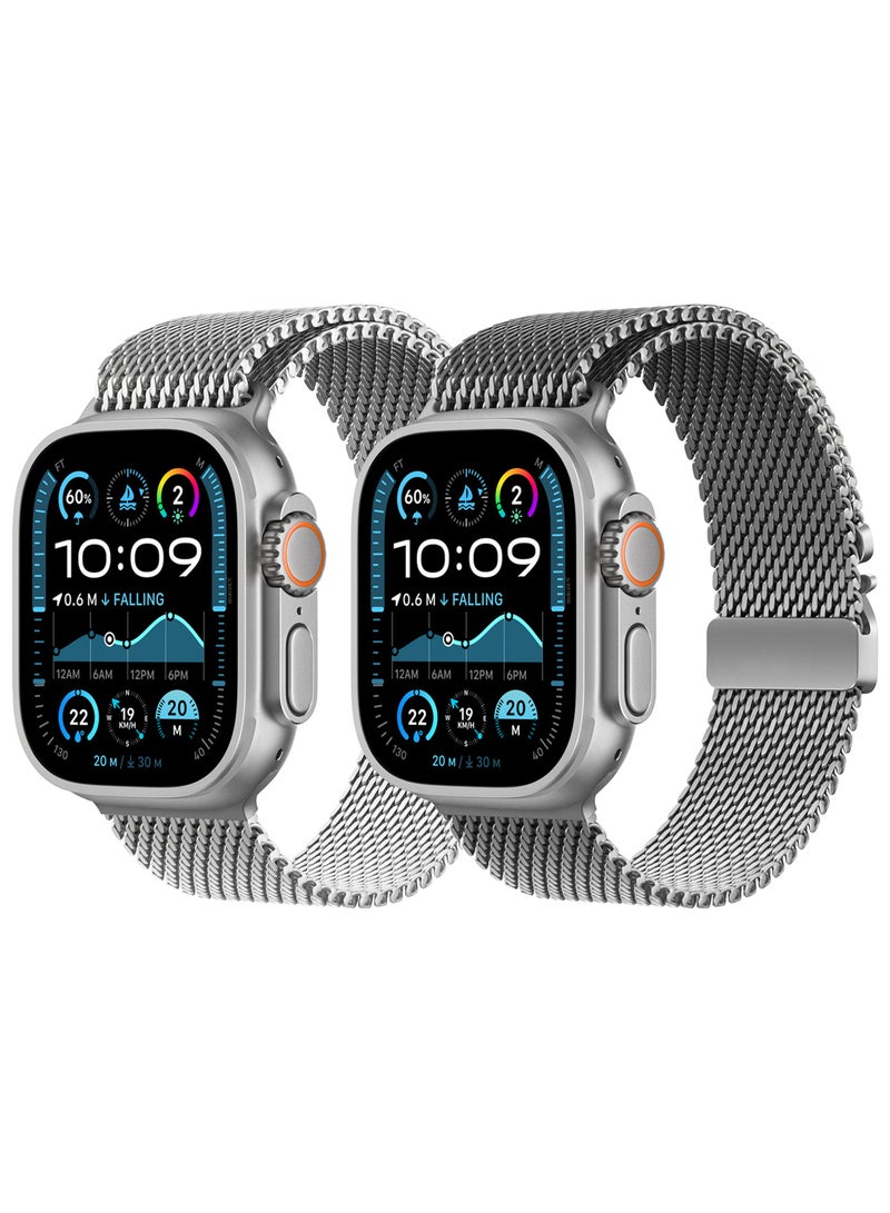 CATANES 2Packs Milanese Loop for Apple Watch Band Ultra 2 Band Ultra 49mm 46mm 45mm 44mm, Parachute-Style Buckle Stainless Steel Mesh Metal Band for iWatch Series 10-1 SE - Silver Natural Titanium - Image 4