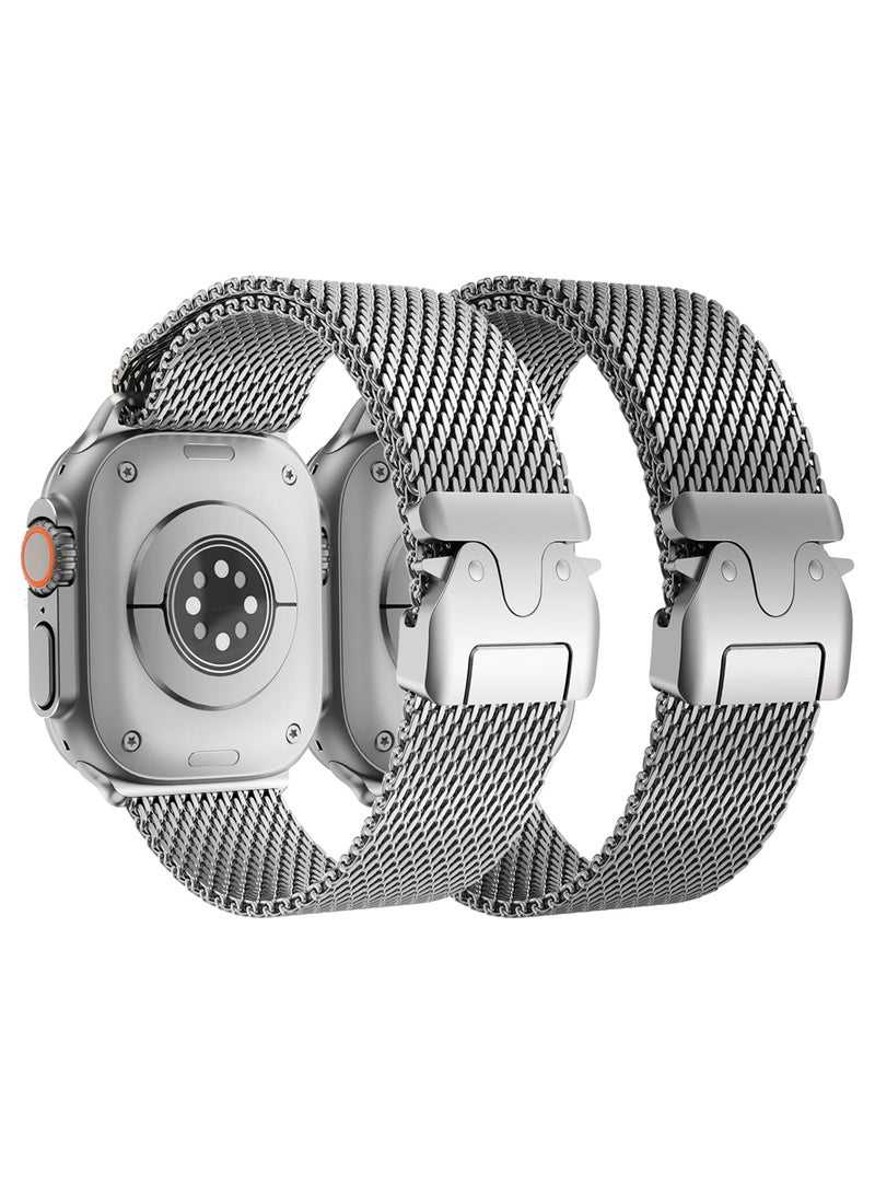 CATANES 2Packs Milanese Loop for Apple Watch Band Ultra 2 Band Ultra 49mm 46mm 45mm 44mm, Parachute-Style Buckle Stainless Steel Mesh Metal Band for iWatch Series 10-1 SE - Silver Natural Titanium - Image 3