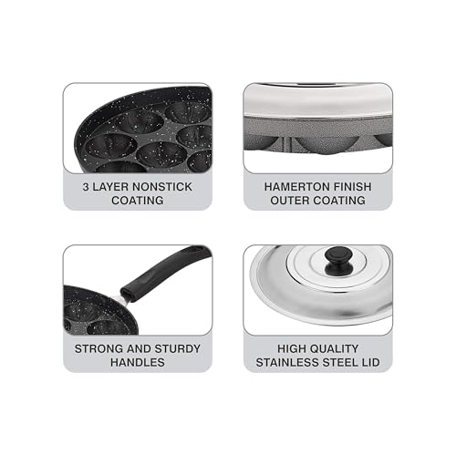 Attro Aluminium Non-Stick 12 Cavity Grill Appam Patra Paniyarakkal One Side Handle with Steel Lid & Wooden Picker, Spatter Finish, (Marble Grey), Standard (Atr-Apm-12-Onehndl-Grl) - Image 5