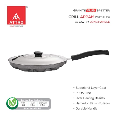 Attro Aluminium Non-Stick 12 Cavity Grill Appam Patra Paniyarakkal One Side Handle with Steel Lid & Wooden Picker, Spatter Finish, (Marble Grey), Standard (Atr-Apm-12-Onehndl-Grl) - Image 3