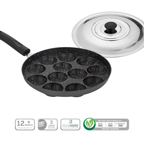 Attro Aluminium Non-Stick 12 Cavity Grill Appam Patra Paniyarakkal One Side Handle with Steel Lid & Wooden Picker, Spatter Finish, (Marble Grey), Standard (Atr-Apm-12-Onehndl-Grl) - Image 4