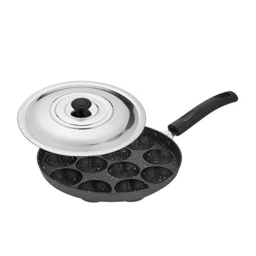 Attro Aluminium Non-Stick 12 Cavity Grill Appam Patra Paniyarakkal One Side Handle with Steel Lid & Wooden Picker, Spatter Finish, (Marble Grey), Standard (Atr-Apm-12-Onehndl-Grl) - Image 1