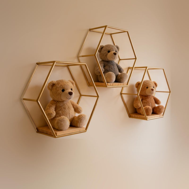 CXYNDFA Gold Hexagon Wall Shelves Set of 3 - Floating Metal Shelves for Wall Mounted Decor, Geometric Shelving for Bedroom, Living Room, Kitchen & Office - Image 3