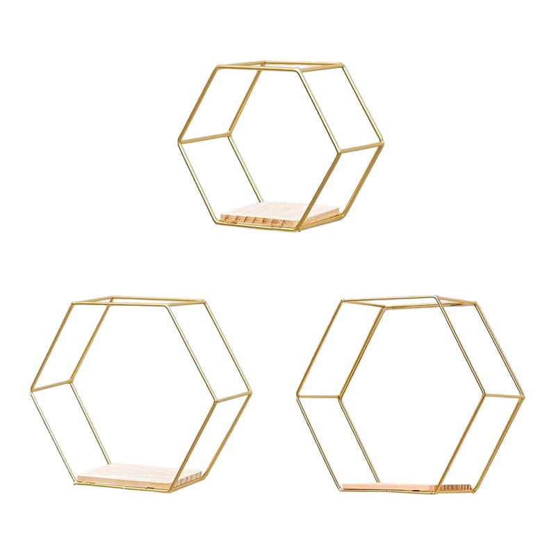 CXYNDFA Gold Hexagon Wall Shelves Set of 3 - Floating Metal Shelves for Wall Mounted Decor, Geometric Shelving for Bedroom, Living Room, Kitchen & Office - Image 1