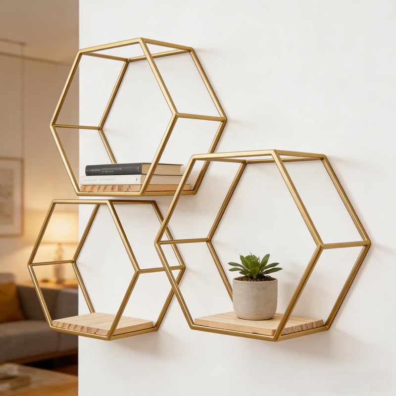 CXYNDFA Gold Hexagon Wall Shelves Set of 3 - Floating Metal Shelves for Wall Mounted Decor, Geometric Shelving for Bedroom, Living Room, Kitchen & Office - Image 4