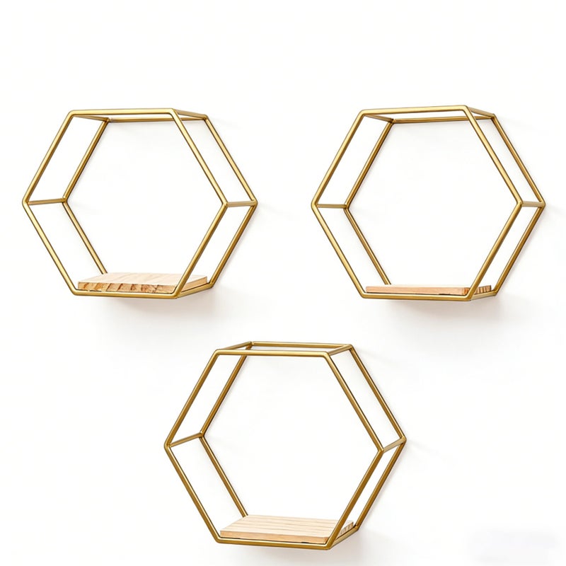 CXYNDFA Gold Hexagon Wall Shelves Set of 3 - Floating Metal Shelves for Wall Mounted Decor, Geometric Shelving for Bedroom, Living Room, Kitchen & Office - Image 5