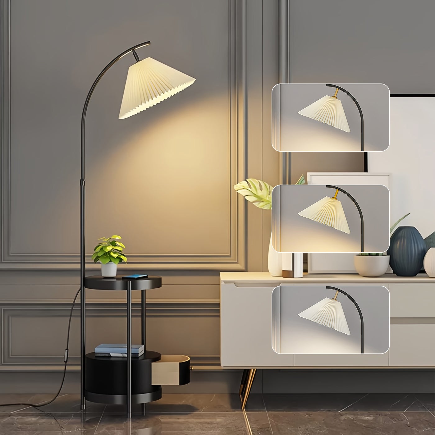 Arc Floor Lamp with Side Table 3-Color Dimmable LED (3000K-6000K) 12W Gold Standing Lamp with Storage Shelf for Living Room Bedroom