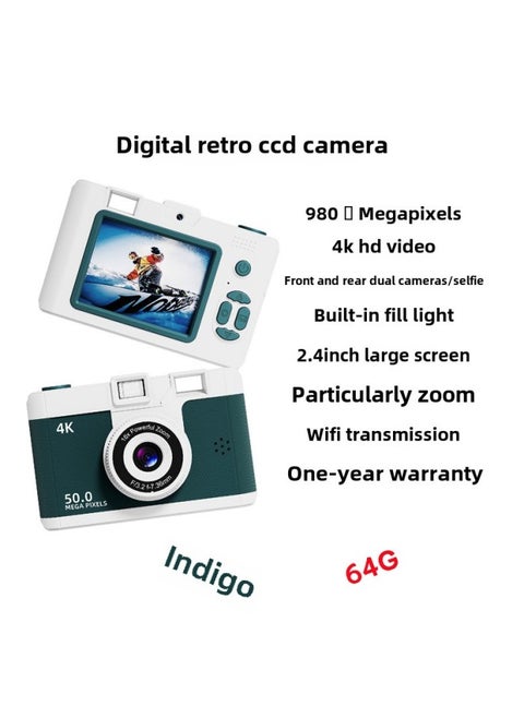 2024 HD Dual Camera Wifi Digital Camera Beginner Student Party Camera Digital Travel Card Camera-Body Color:Indigo/store Manager Recommendation  64g