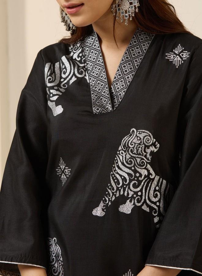 ISHIN Women'S Black 100% Polyester Embroidered Tunic Full Length Palazzo Straight Fit Kurta Set - Image 2