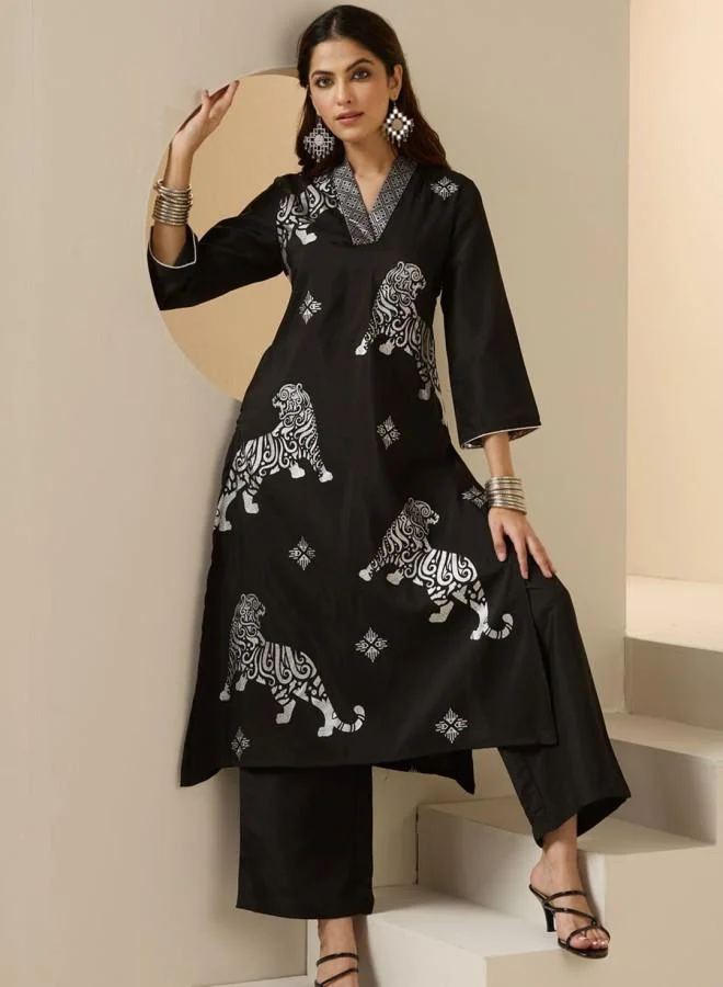 ISHIN Women'S Black 100% Polyester Embroidered Tunic Full Length Palazzo Straight Fit Kurta Set