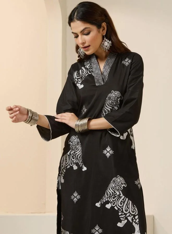 ISHIN Women'S Black 100% Polyester Embroidered Tunic Full Length Palazzo Straight Fit Kurta Set