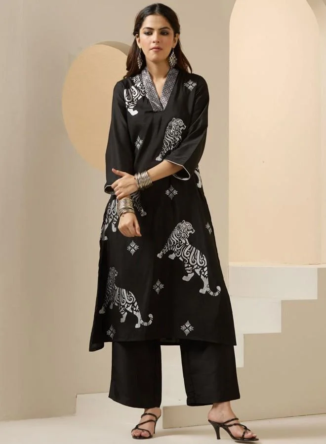 ISHIN Women'S Black 100% Polyester Embroidered Tunic Full Length Palazzo Straight Fit Kurta Set