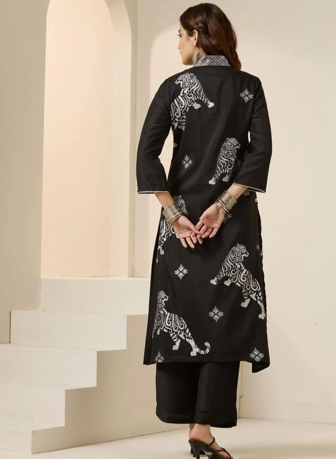 ISHIN Women'S Black 100% Polyester Embroidered Tunic Full Length Palazzo Straight Fit Kurta Set