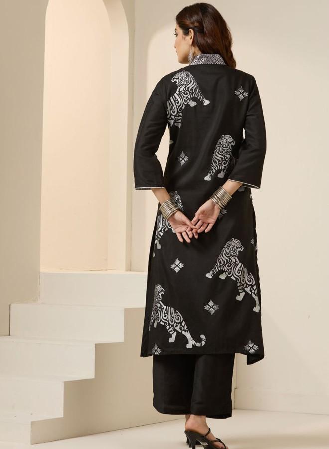 ISHIN Women'S Black 100% Polyester Embroidered Tunic Full Length Palazzo Straight Fit Kurta Set - Image 5