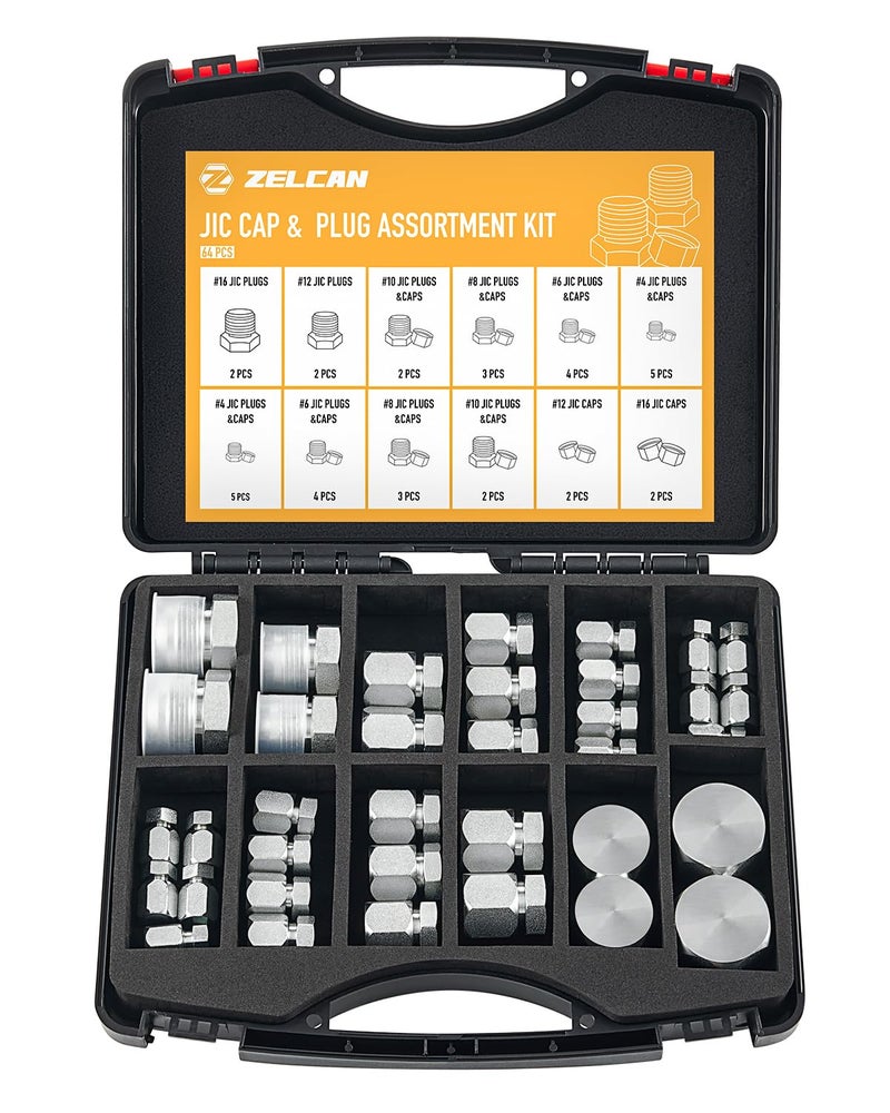 Generic ZELCAN CO-Z 64 Piece JIC 37° Flare Cap and Plug Kit Hose Tube and Pipe Fitting Set Hydraulic Cap and Plug Kit Galvanized 45# Steel with Precision Threading Dash Sizes -04 -06 -08 -10 -12 -16  - Image 1
