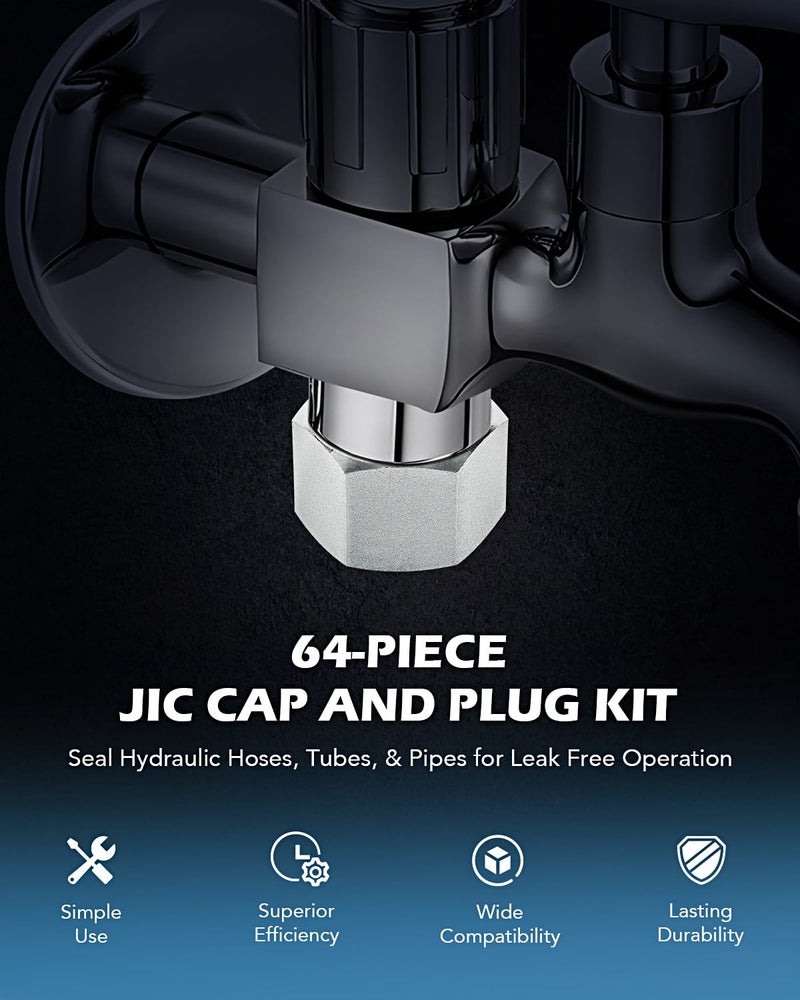 Generic ZELCAN CO-Z 64 Piece JIC 37° Flare Cap and Plug Kit Hose Tube and Pipe Fitting Set Hydraulic Cap and Plug Kit Galvanized 45# Steel with Precision Threading Dash Sizes -04 -06 -08 -10 -12 -16  - Image 2