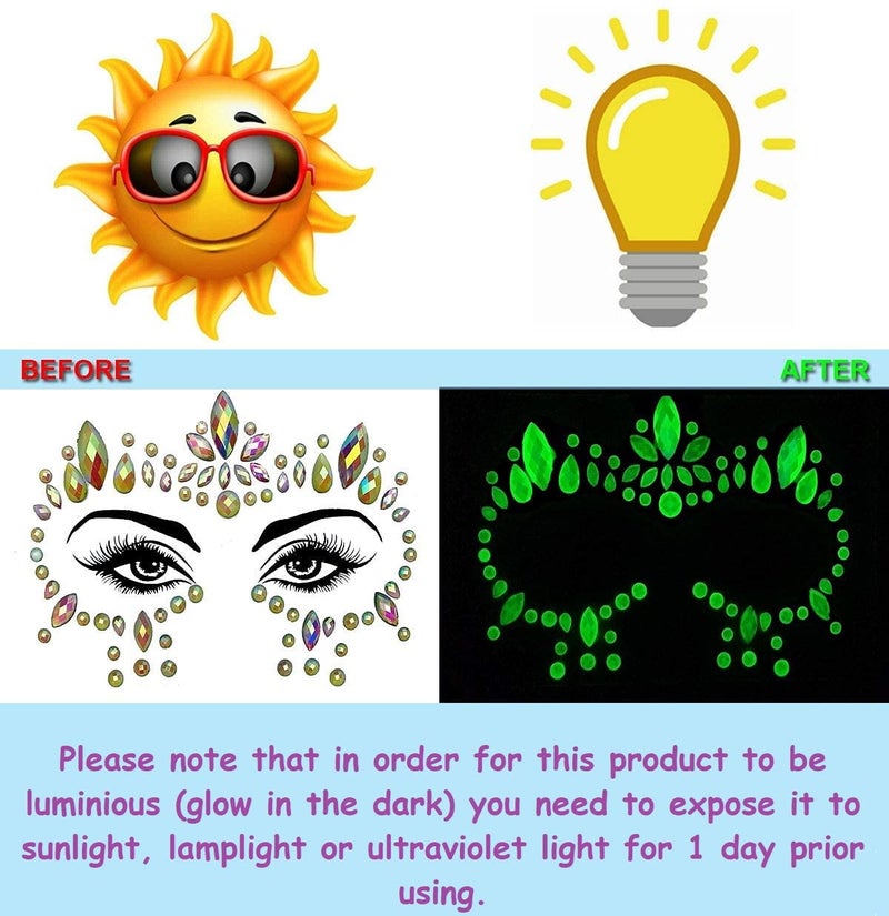 S.A.V.I 3D Luminous, Glow in the Dark Face Gems Crystal Sticker Tattoo Rhinestone Decoration for Women Girls Events Parties Weddings Clubs - Image 2