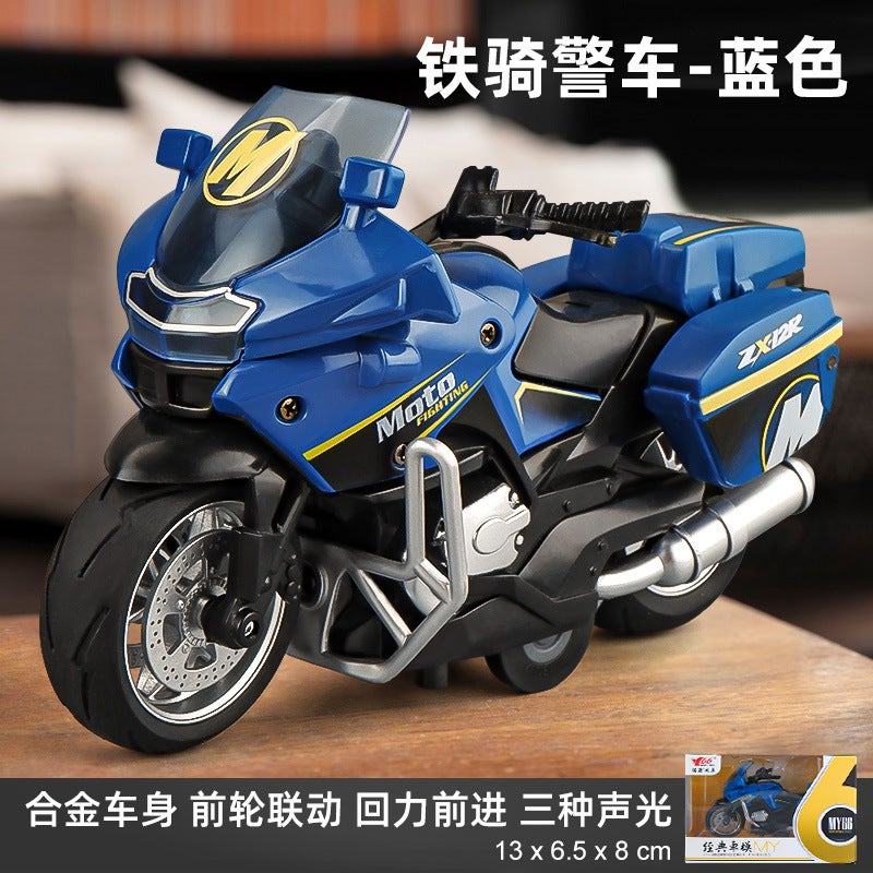 Borderless Alloy Car Model Bmw Motorcycle Light Music 114 Simulation Police Car Gift For Boys Railed/motor/cars/bicycles Blue [iron rider] alloy police car 12.5x6.3x7.5 