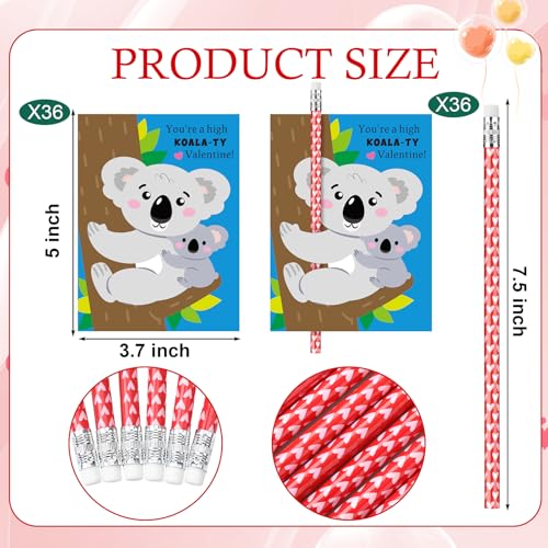 Dunzoom 36 Sets Koala Valentines Day Cards Exchange Gifts for Kids Heart Pencils with Eraser Punny Koala Valentines Day Cards with Pencils for School Prize Classroom Gifts Party Favors - Image 5