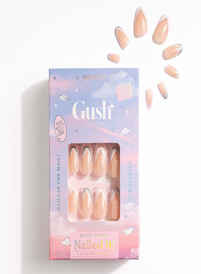 Gush Beauty Press On Nails | Reusable Nail Extensions | Artificial Fake Nails Set | For women (Shimmery French Tips - Medium Round) - Image 2