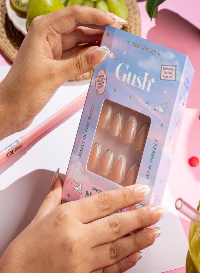 Gush Beauty Press On Nails | Reusable Nail Extensions | Artificial Fake Nails Set | For women (Shimmery French Tips - Medium Round) - Image 3