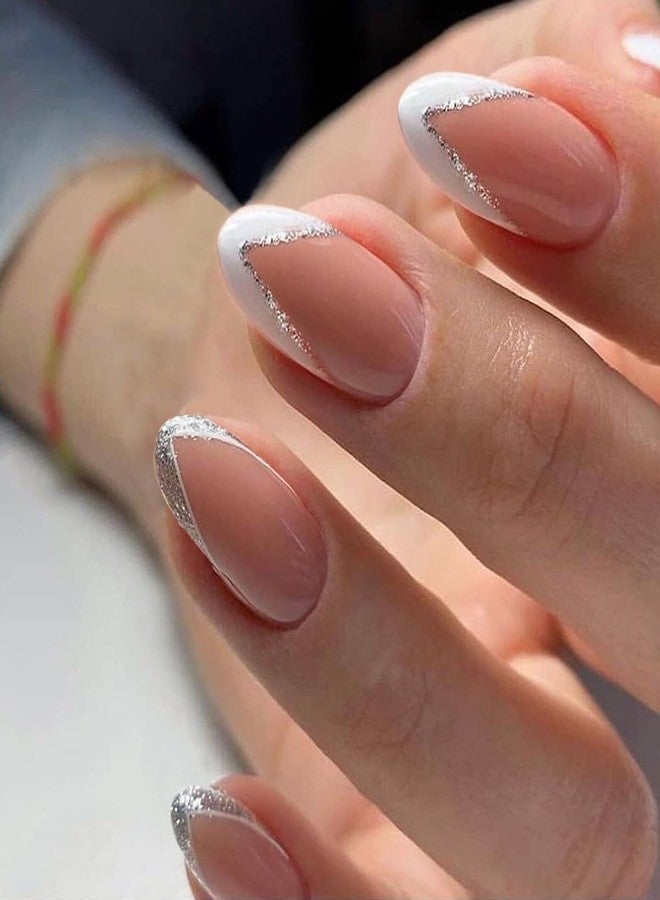 Gush Beauty Press On Nails | Reusable Nail Extensions | Artificial Fake Nails Set | For women (Shimmery French Tips - Medium Round) - Image 1