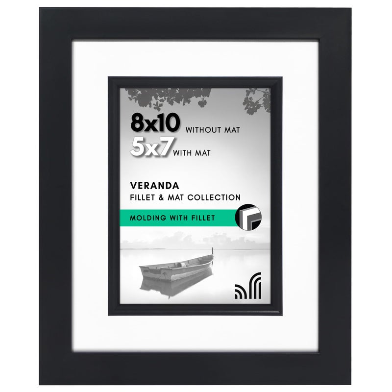 Americanflat 8x10 Picture Frame with Decorative Inner Mat Accent - Displays 5x7 Photos with Mat or 8x10 Without - Veranda Collection - Black Statement Frame with Shatter-Resistant Glass - Image 1