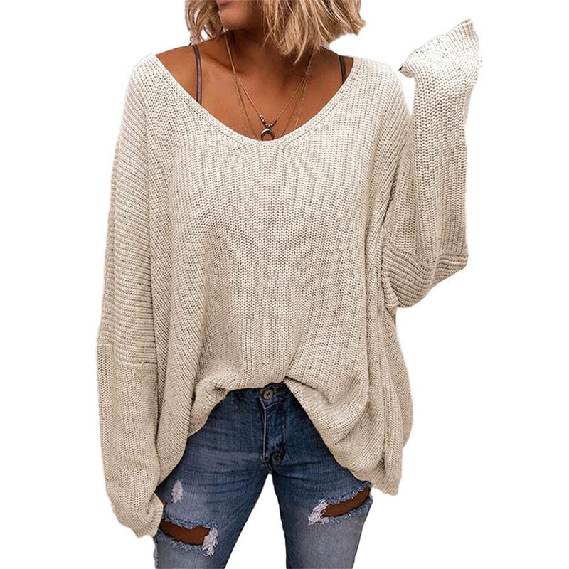 BZB Women's V Neck Long Sleeve Knit Loose Oversized Pullover Sweater Top - Image 1