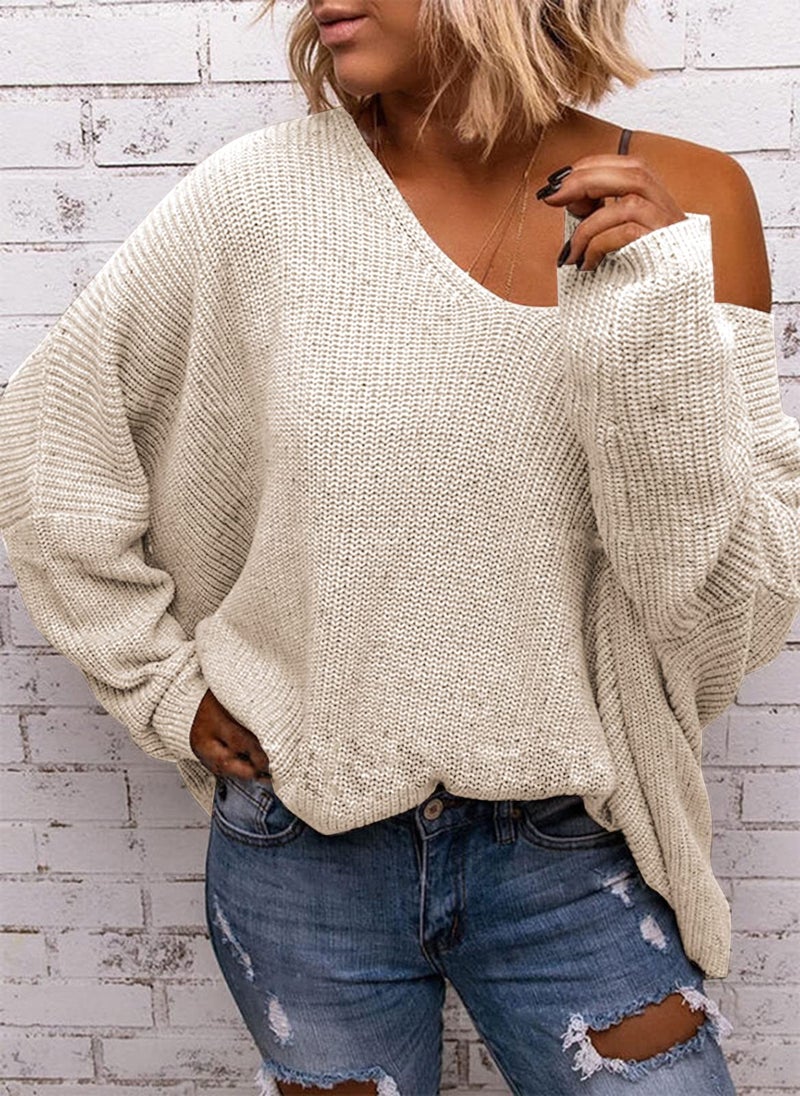 BZB Women's V Neck Long Sleeve Knit Loose Oversized Pullover Sweater Top - Image 2