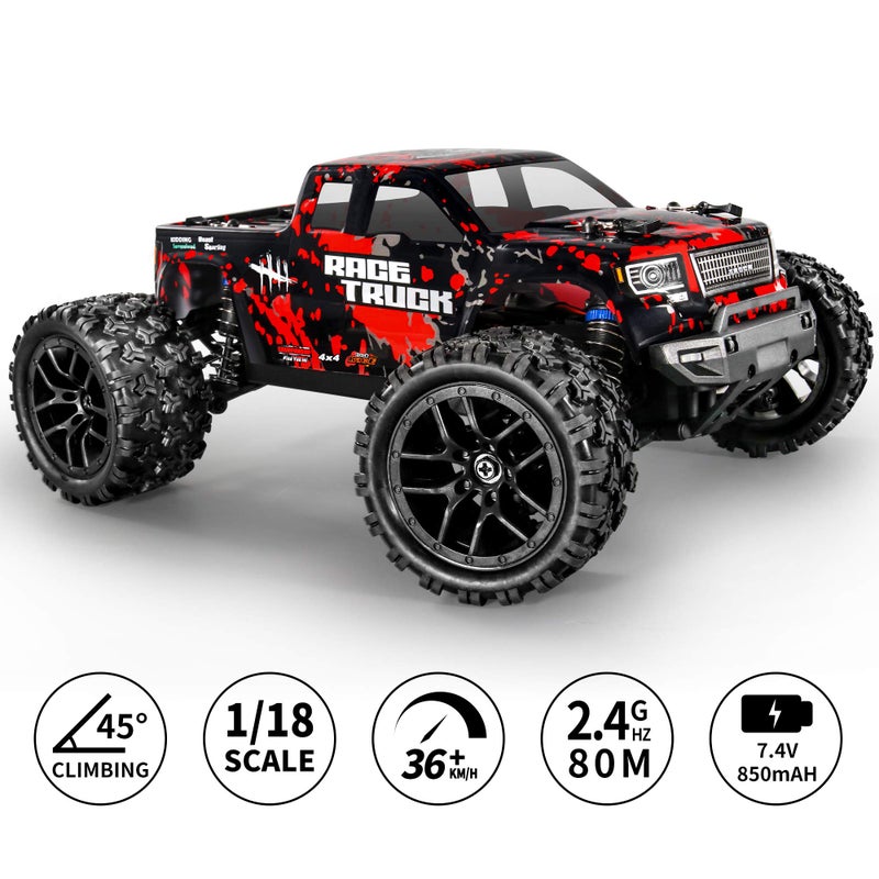 HAIBOXING سيارة هايبكسينغ RC بجودة 1:18 لجميع التضاريس بسرعة 36 كم/س، مركبة كهربائية 4WD، جهاز تحكم راديو بتردد 2.4 جيجاهرتز، تشمل بطاريتين وشاحن، شاحنة مقاومة للماء (حمراء) - Image 2