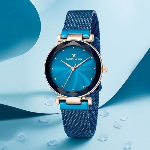 Daniel Klein Analog Blue Round Dial Rose Gold Case Blue Mesh Strap Stone-Studded Water-Resistant Wrist Watch for Women Girls, Ladies DK11873-7 - Image 2
