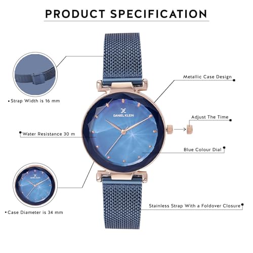 Daniel Klein Analog Blue Round Dial Rose Gold Case Blue Mesh Strap Stone-Studded Water-Resistant Wrist Watch for Women Girls, Ladies DK11873-7 - Image 4