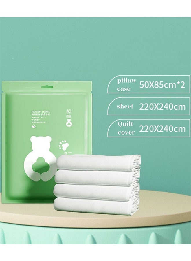 جيفت ملاءات سرير صغيرة للاستخدام مرة واحدة للسفر، طقم ملاءات سرير قطنية صغيرة للاستخدام مرة واحدة مع أربع قطع من غطاء اللحاف وغطاء الوسادة، مما يوفر غطاء سرير عمليًا لرحلاتك ومستلزمات الفنادق. - Image 1