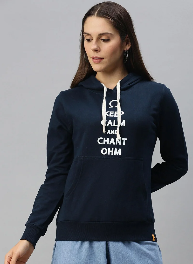 Campus Sutra Women's Navy Blue Chant-Ohm Print Pullover Hoodie