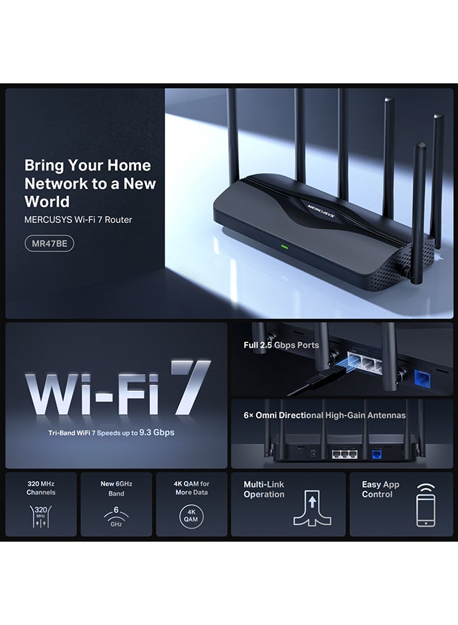 ميركوسيس جهاز توجيه واي فاي 7 ثلاثي النطاق TBE9300 | نطاق 6GHz | سرعات تصل إلى 9.3 جيجابت في الثانية | منافذ كاملة بسرعة 2.5 جيجابت في الثانية | 6 هوائيات عالية الكسب متعددة الاتجاهات | تشغيل متعدد الروابط | قنوات 320 ميجاهرتز (MR47BE) - Image 3