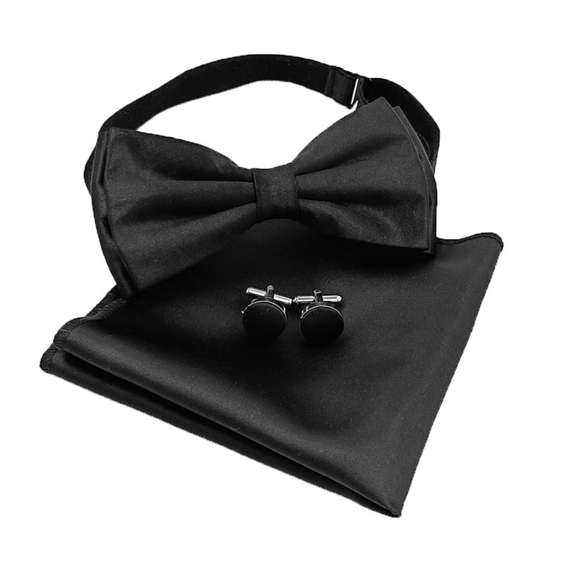 UTF Store Mens Solid Color Double Fold Pre-tied Bow Tie and Pocket Square Cufflink Set - Image 1
