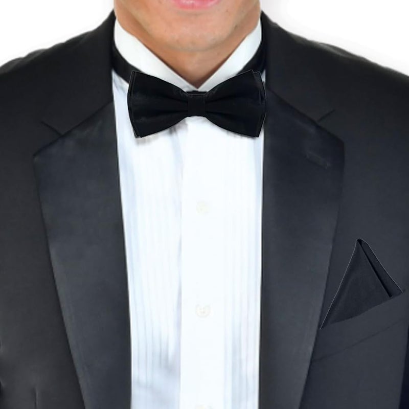 UTF Store Mens Solid Color Double Fold Pre-tied Bow Tie and Pocket Square Cufflink Set - Image 2