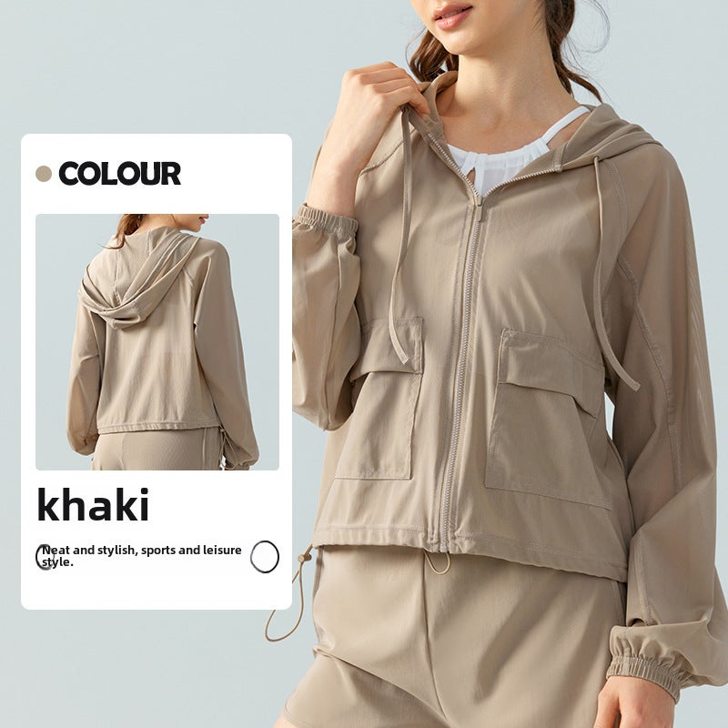 Generic Spring Summer Lightweight Mesh Yoga Zip Hoodie Khaki 