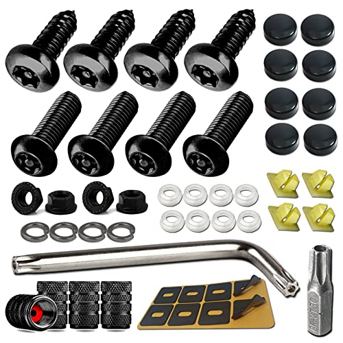 Aootf Black Anti Theft License Plate Screws- Stainless Steel Rustproof Security Bolts Fasteners for Front Rear Car Tag Mount- M6 (1/4") Locking Hardware, with Matte Caps Inserts Nuts, Rattle Proof Pad - Image 1