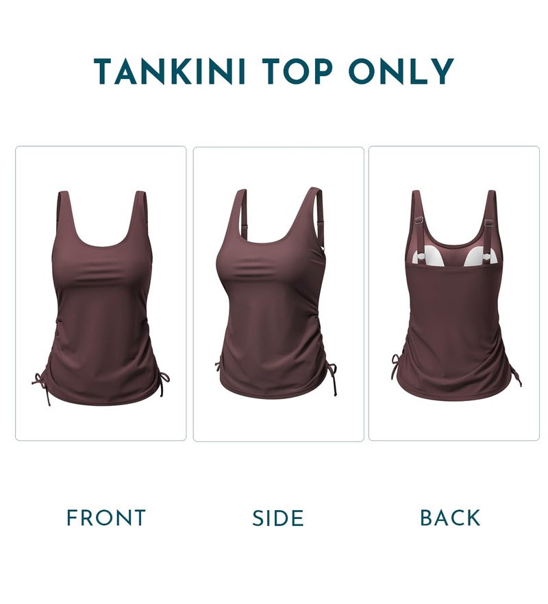 Aleumdr Swim Top for Women Tankini Top Only Ruched Tummy Control Swimsuit Slimming Swim Tank Top No Bottom Dark Brown Large - Image 5