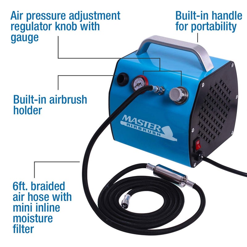 Master Airbrush TC-77 Airbrush Compressor with Small Tank, Regulator, Mini In-Line Moisture Filter & 6' Braided Hose - 47 dB, High Performance Air Compressor for Airbrush Hobbies and Crafts - Image 2