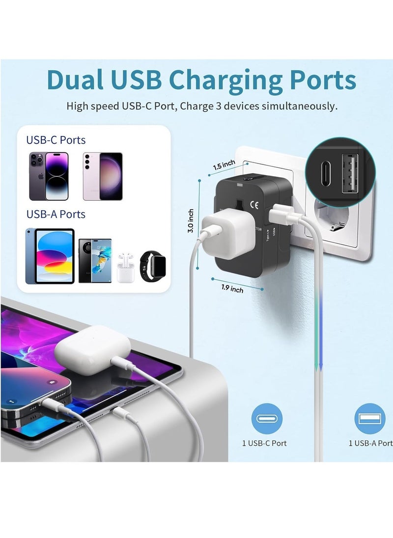 Universal Travel Adapter – Black AC Power Plug with USB-C & USB-A Ports for USA, EU, UK, AUS  - Image 2