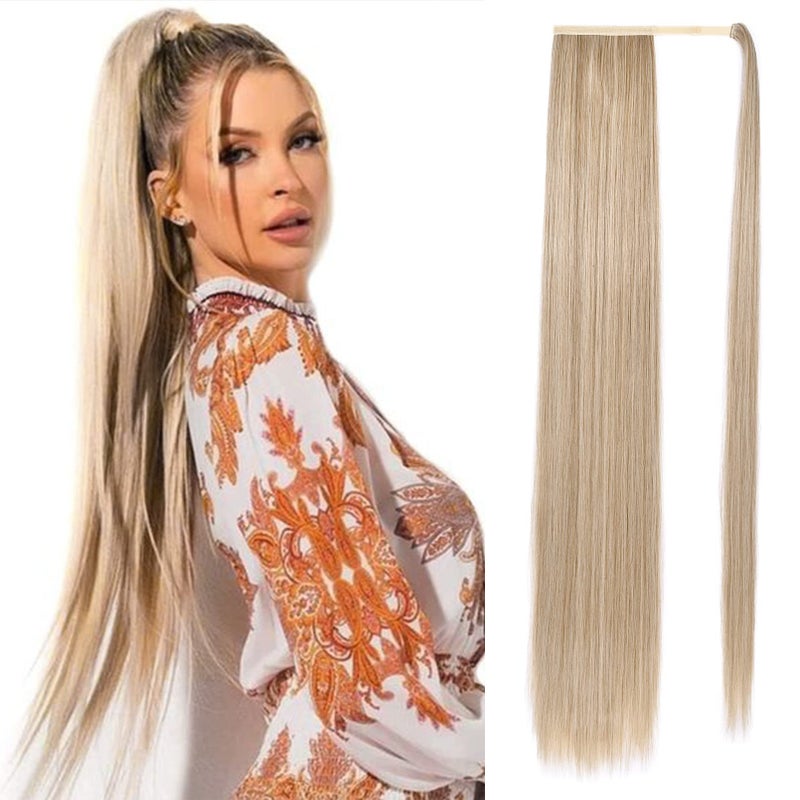 SEIKEA Long Ponytail Extension Straight Wrap Around Clip in Ponytail Hair Extensions Natural Soft Synthetic Hairpiece for Women 35 Inch Blonde with Pale Gold Highlights