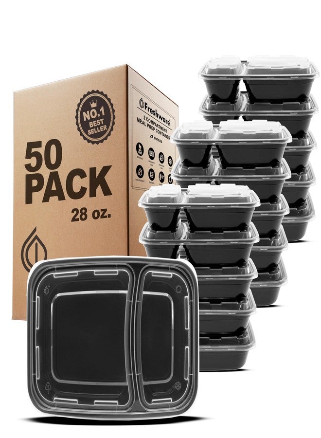 Freshware Meal Prep Containers [50 Pack] 2 Compartment with Lids, Food Storage Containers, Bento Box, BPA Free, Stackable, Microwave/Dishwasher/Freezer Safe (28 oz) - Image 1