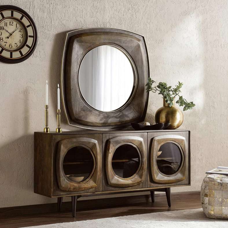 Pan Home خزانة جانبية طبيعية ورمادية مع مرآة - Image 1