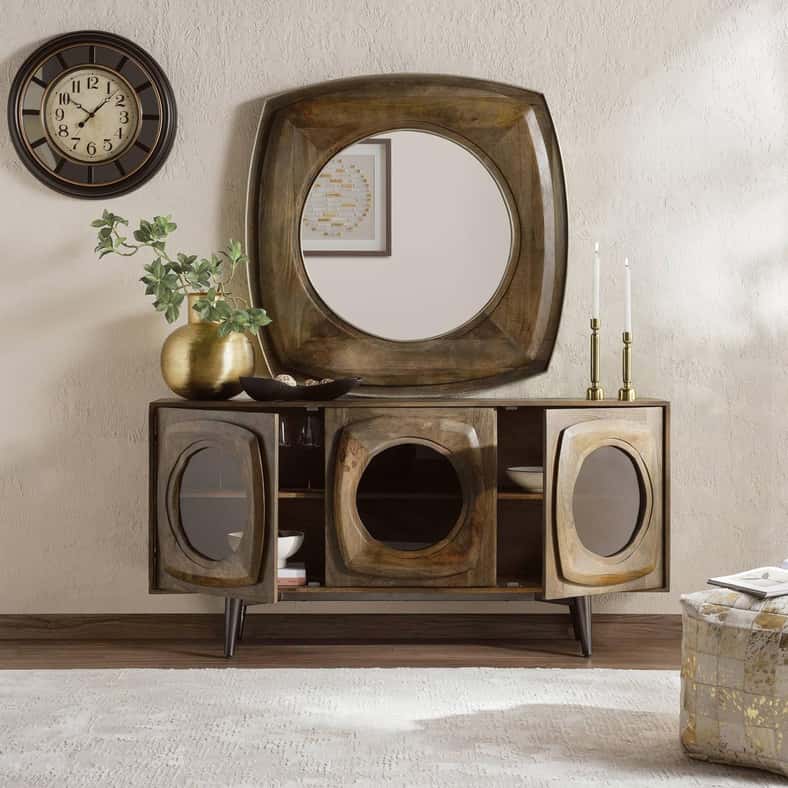 Pan Home خزانة جانبية طبيعية ورمادية مع مرآة - Image 4