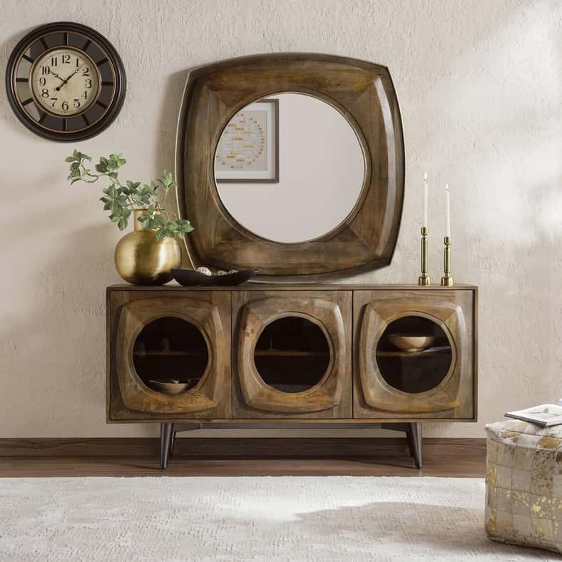 Pan Home خزانة جانبية طبيعية ورمادية مع مرآة - Image 3