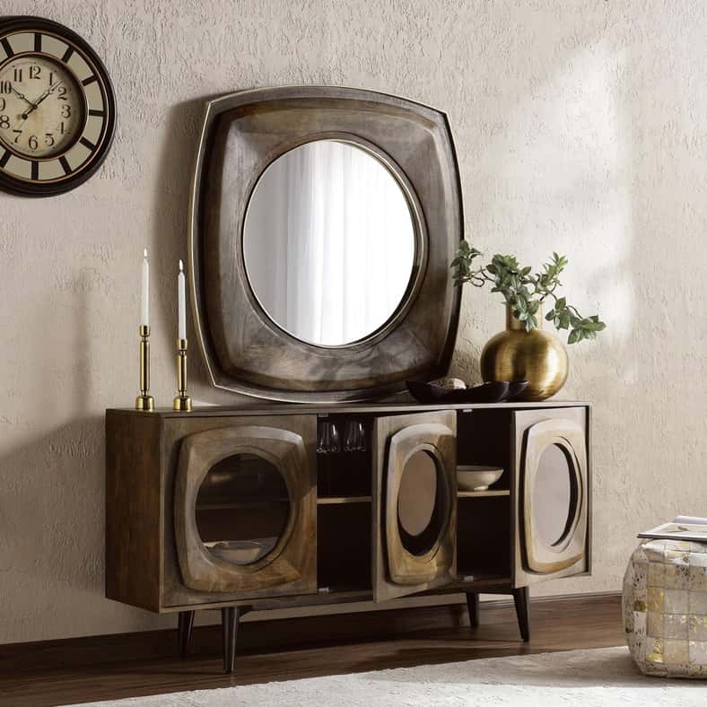 Pan Home خزانة جانبية طبيعية ورمادية مع مرآة - Image 2