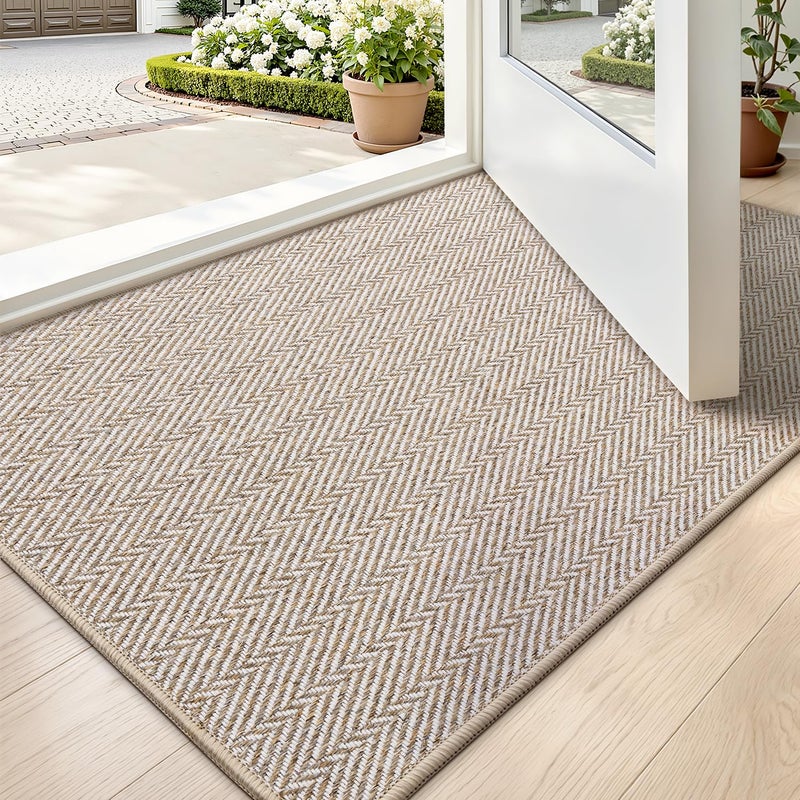 LUMI Ultra Thin Indoor Door Mat for Entrance 24"x36", Non Slip Entryway Mat, Low Profile Doormat, Unique Herringbone Design Carpet for Inside, Patio, Porch, Beige - Image 1